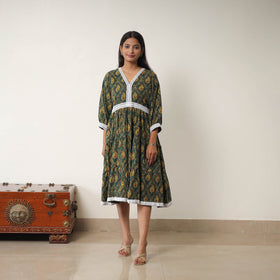 Buy Green Hand Block Print Cotton Tiered Ajrakh Dress