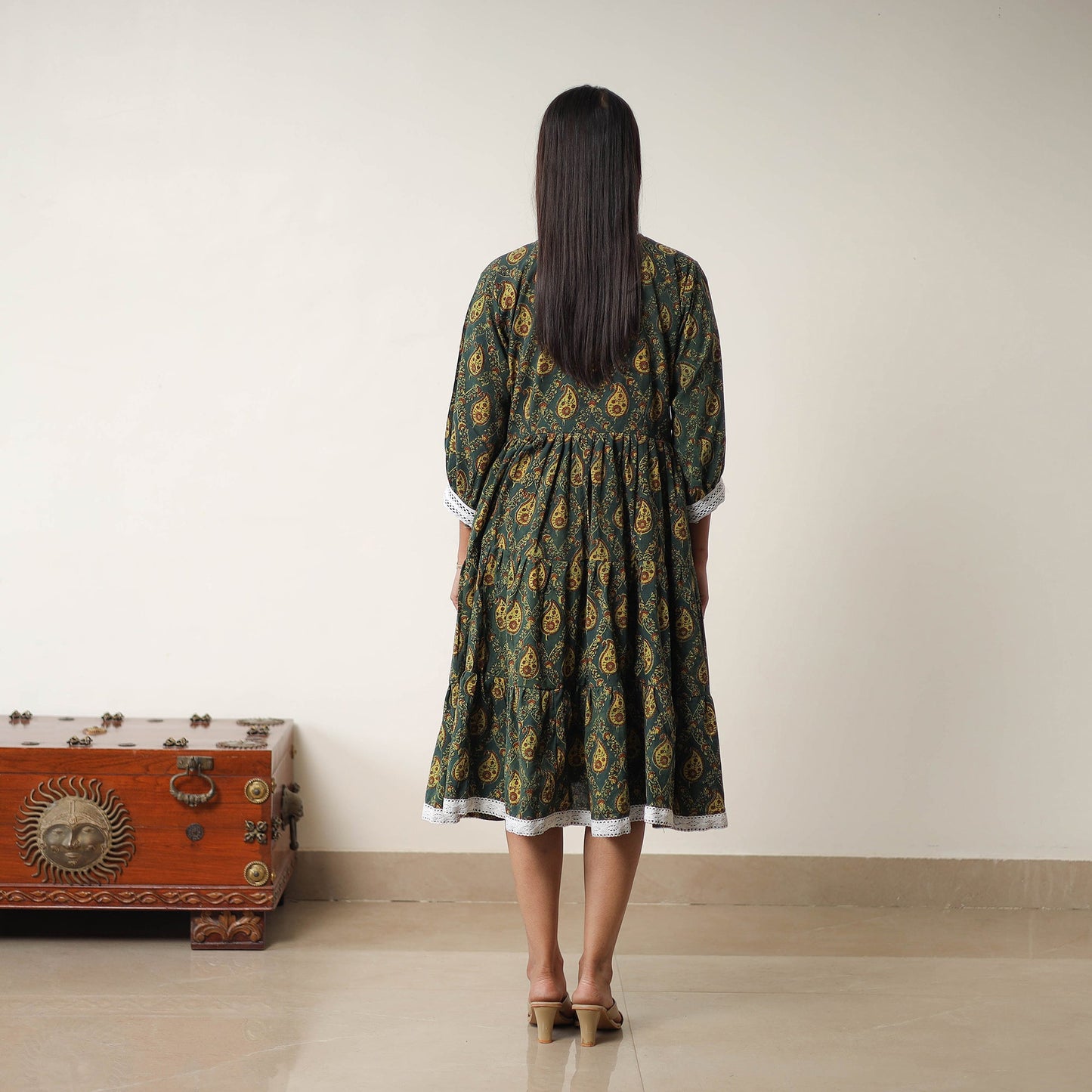 Buy Green Hand Block Print Cotton Tiered Ajrakh Dress