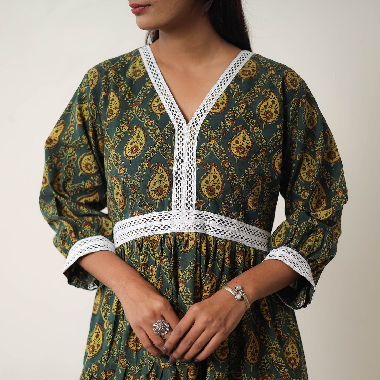 Buy Green Hand Block Print Cotton Tiered Ajrakh Dress