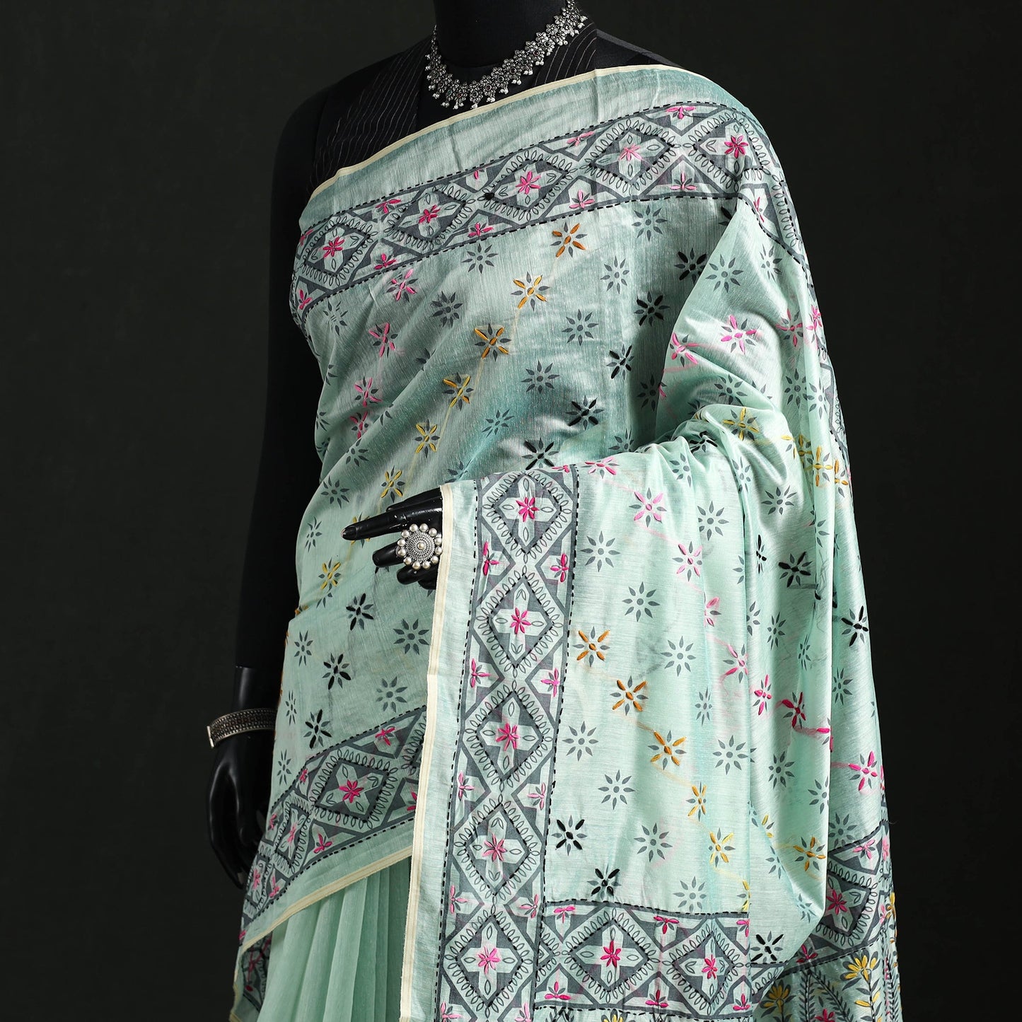 Hand embroidered chanderi silk chapa work phulkari saree 13