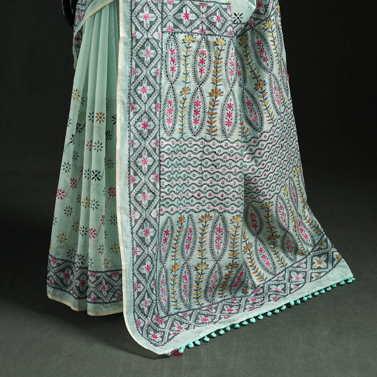 Hand embroidered chanderi silk chapa work phulkari saree 13