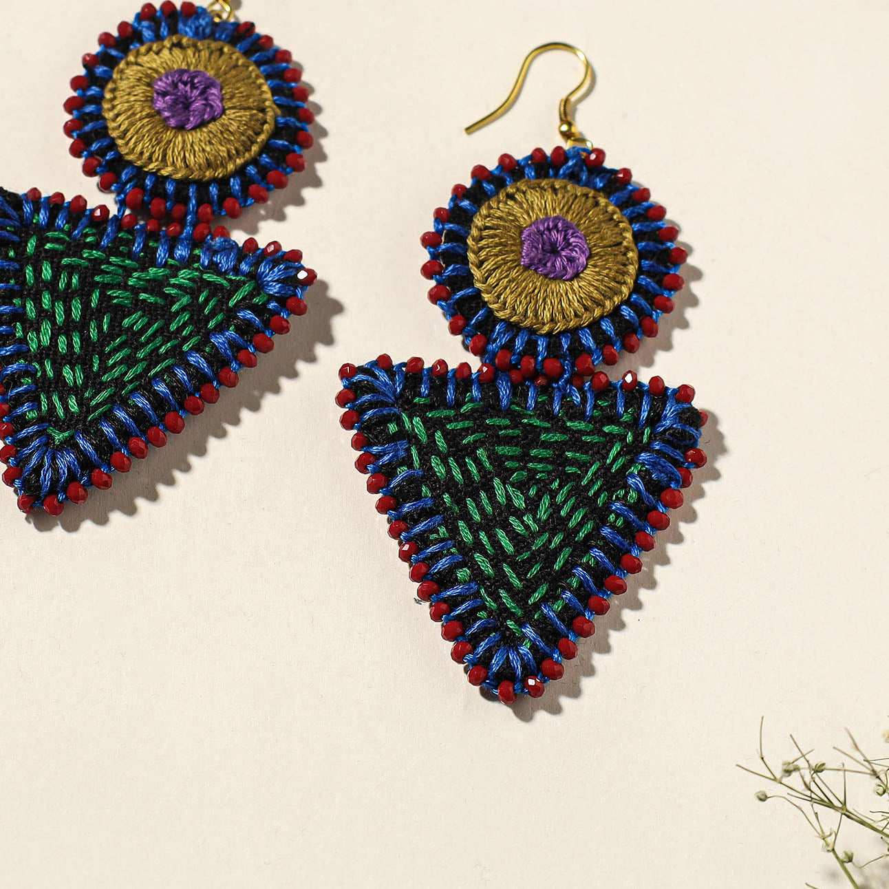  Hand Embroidered Fabart Beadwork Earrings by Rangila Dhaga 