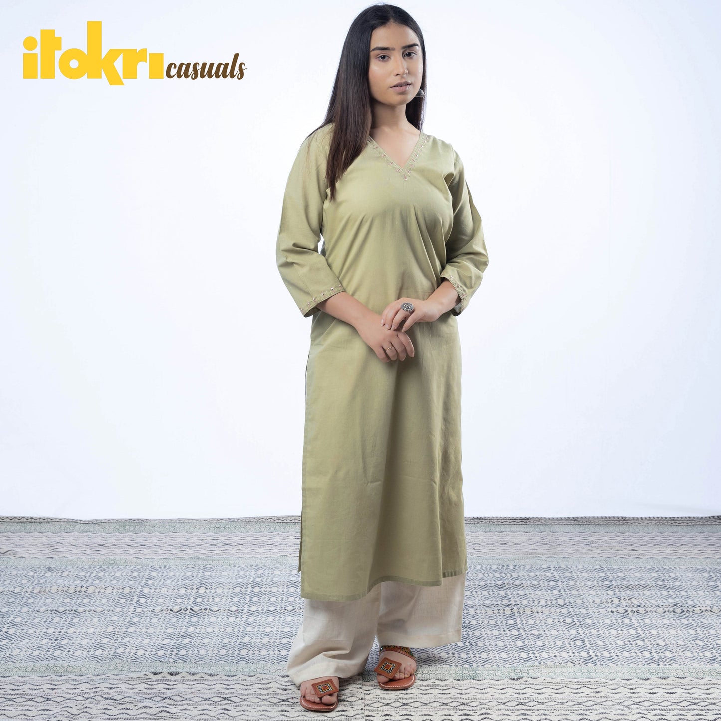  iTokri Casuals - Hand Embroidered Cotton Long Kurta 