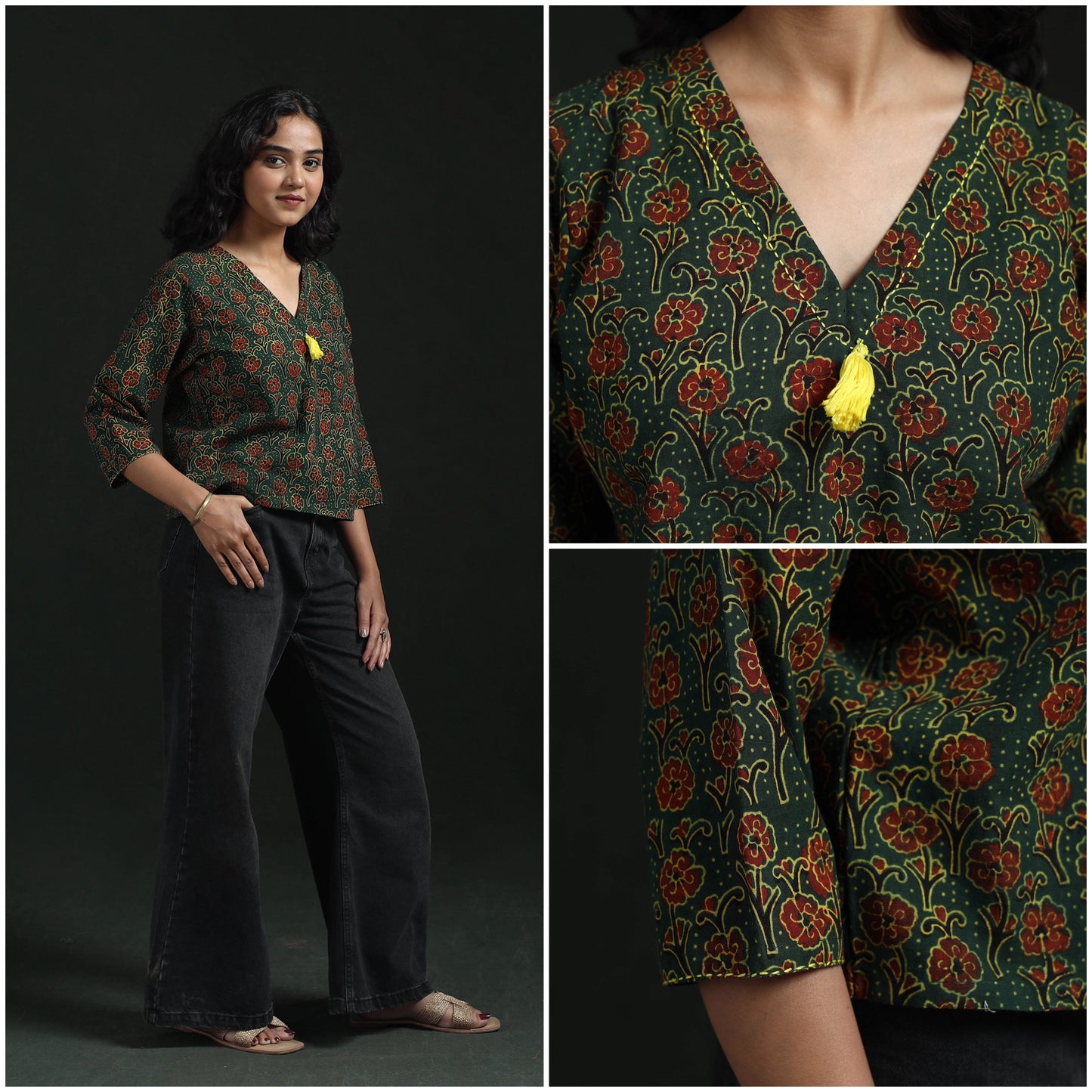 Hand embroidery block print cotton natural dyed ajrakh crop