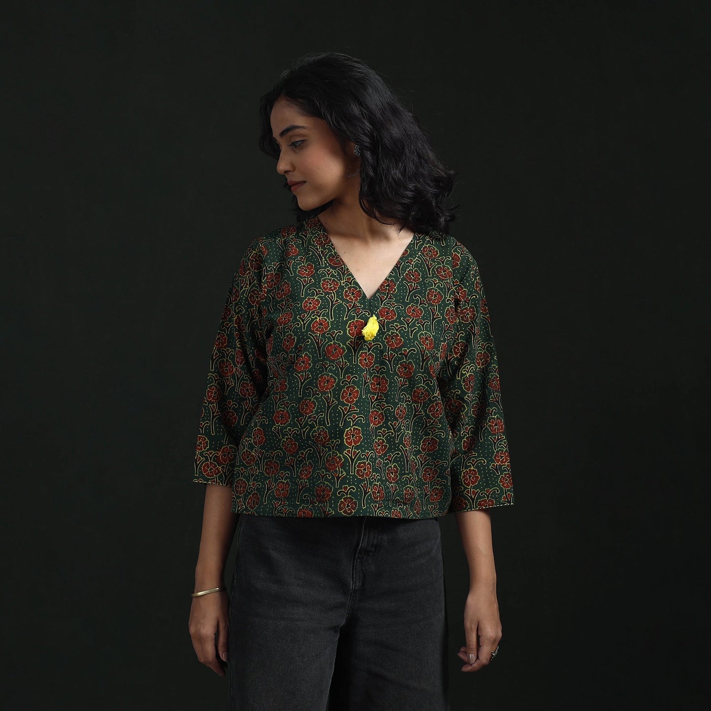 Hand embroidery block print cotton natural dyed ajrakh crop