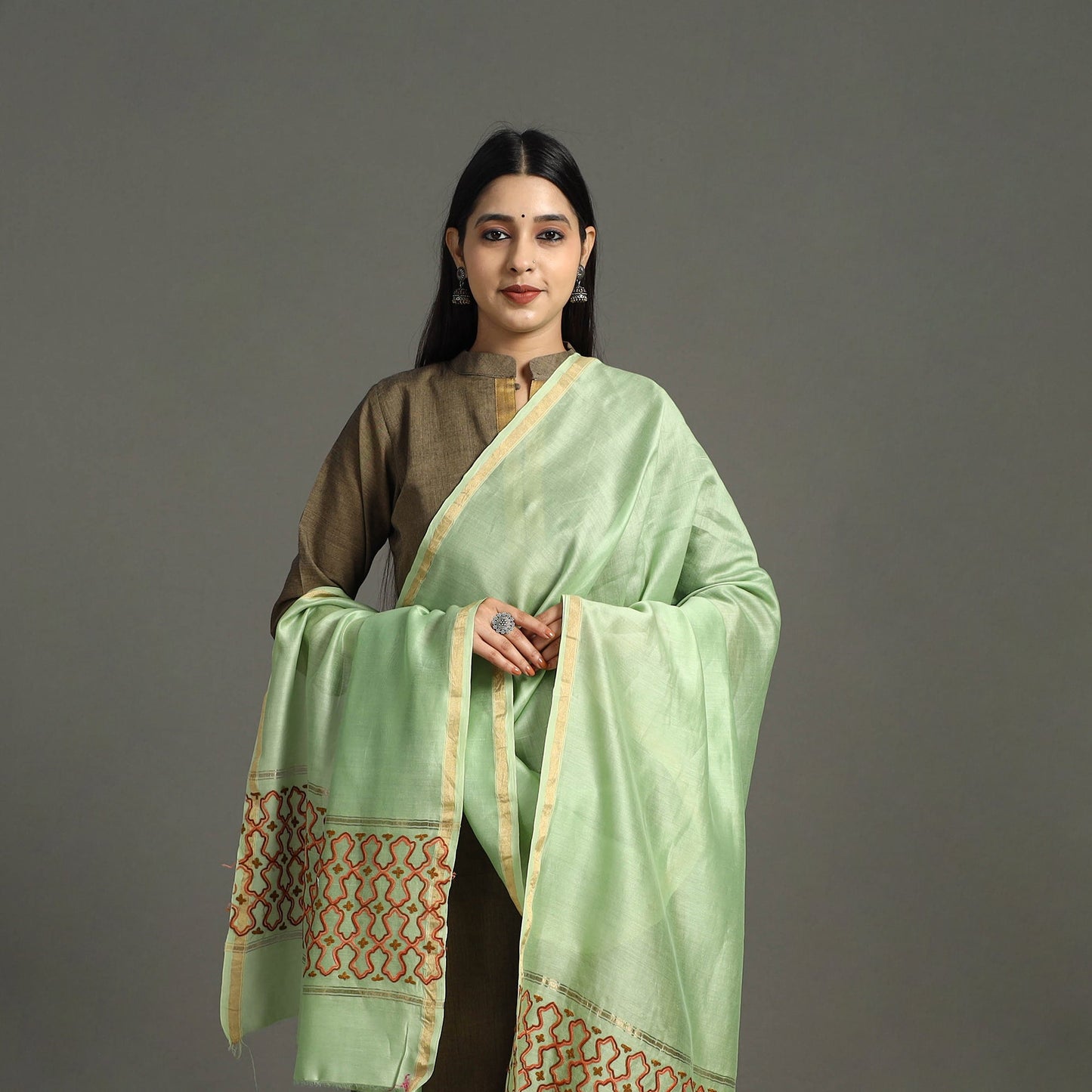 Green - hand embroidery chanderi silk handloom kashida