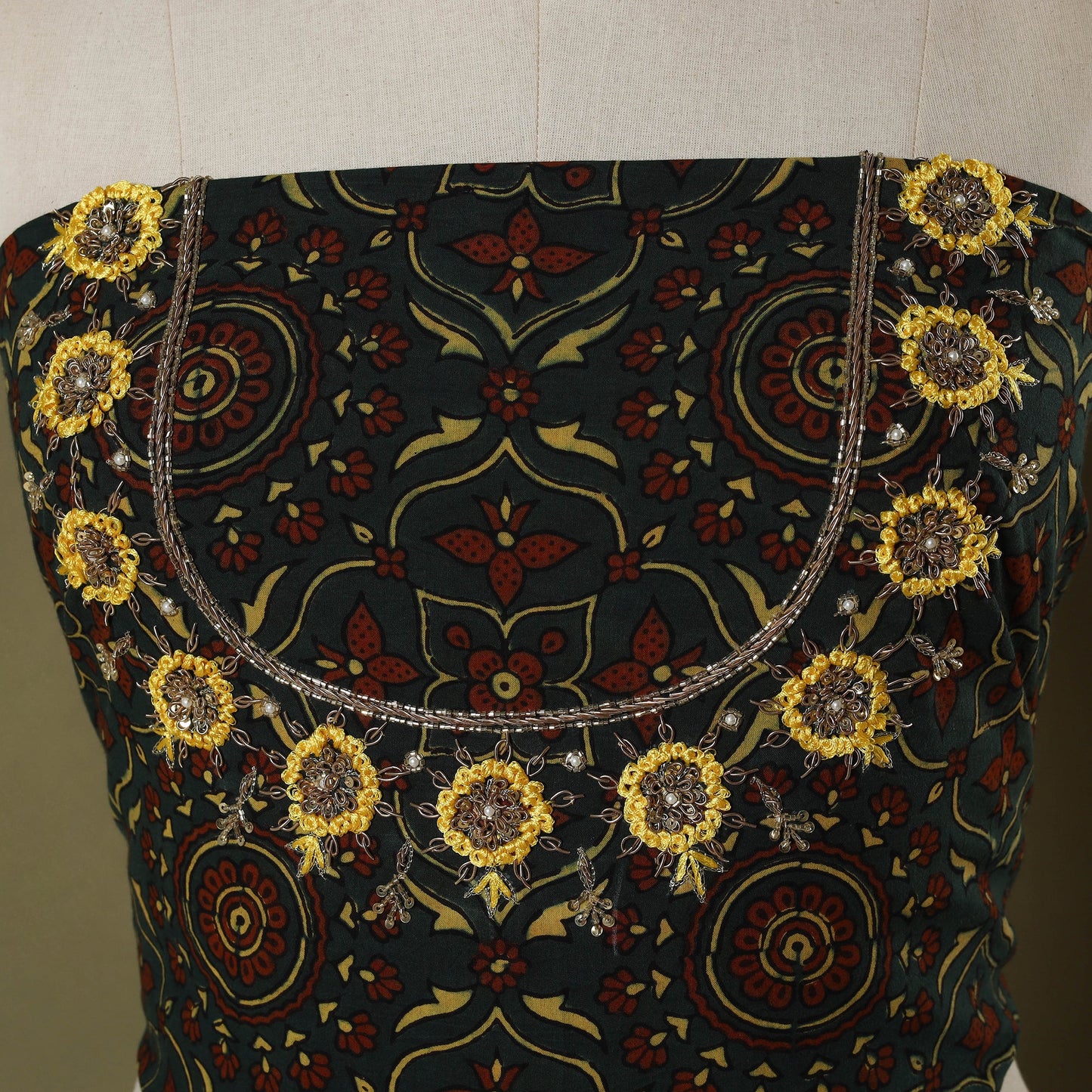 Green - hand embroidery cotton blouse piece 30 - handcrafted