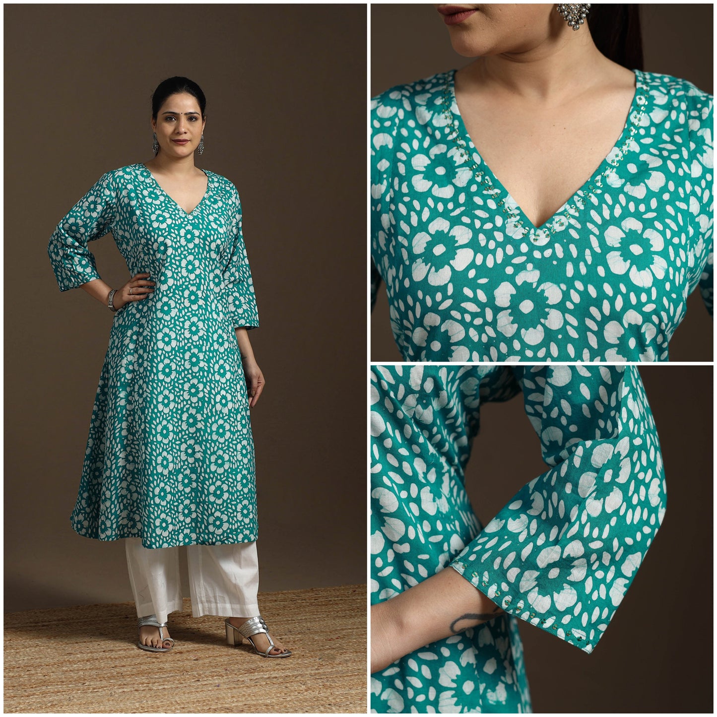 Hand embroidery cotton a-line batik kurta for women 01