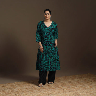 Hand embroidery cotton a-line batik kurta for women 04