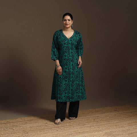 Hand embroidery cotton a-line batik kurta for women 04