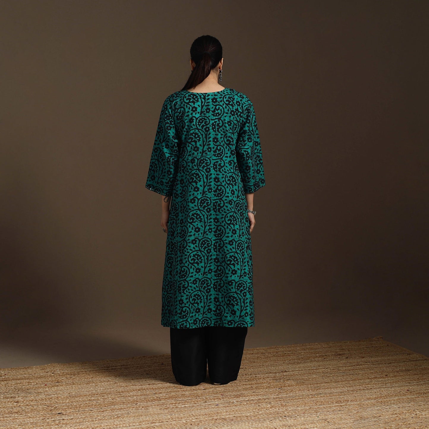 Hand embroidery cotton a-line batik kurta for women 04