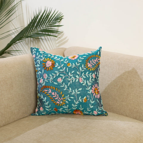 Green Hand Embroidered Cushion Cover in Chanderi Silk