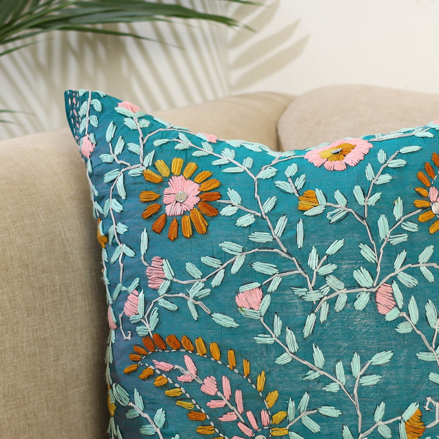 Green Hand Embroidered Cushion Cover in Chanderi Silk