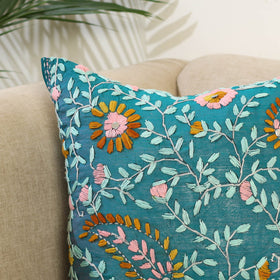 Green Hand Embroidered Cushion Cover in Chanderi Silk