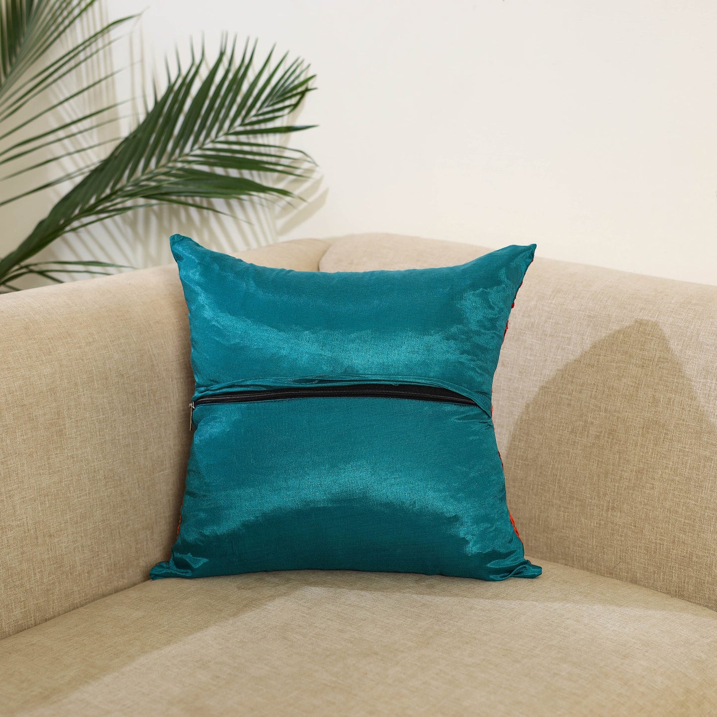 Green - hand embroidery cushion cover in chanderi silk 09