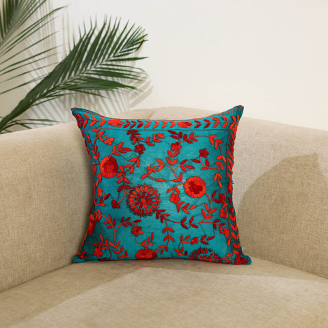 Green - hand embroidery cushion cover in chanderi silk 09