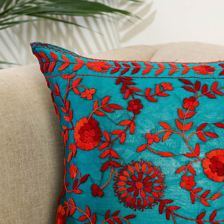 Green - hand embroidery cushion cover in chanderi silk 09