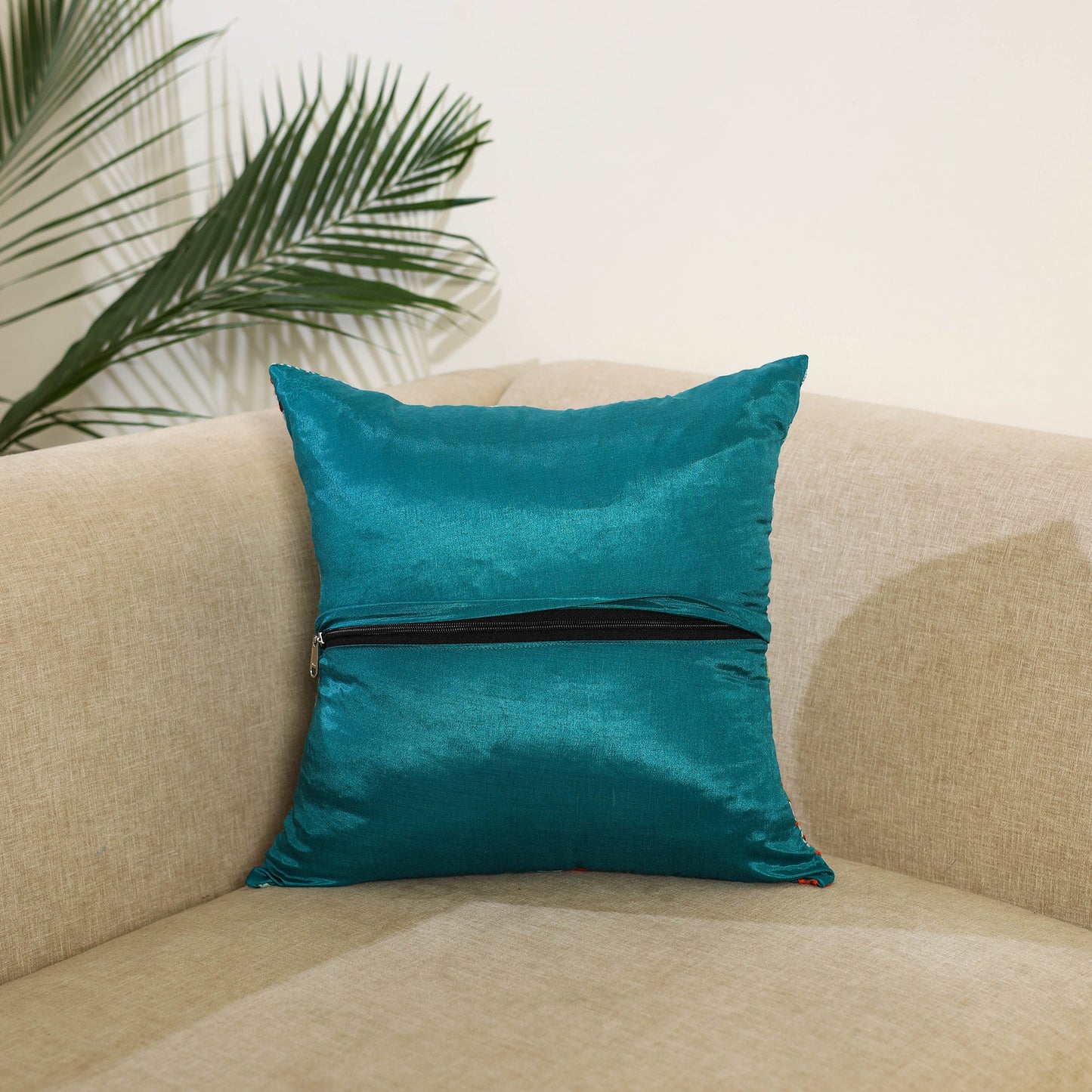 Green Hand Embroidered Cushion Cover in Chanderi Silk