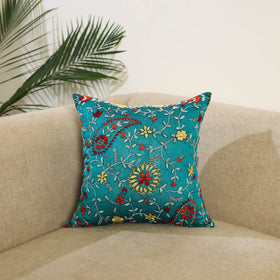 Green Hand Embroidered Cushion Cover in Chanderi Silk