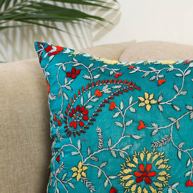 Green Hand Embroidered Cushion Cover in Chanderi Silk