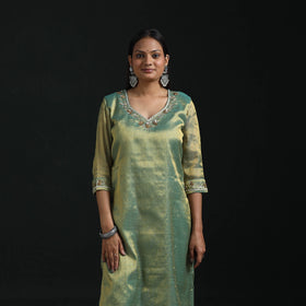 Hand embroidery fine tissue zari straight plain kurta