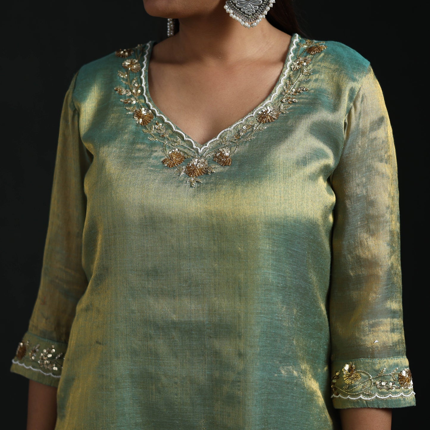 Hand embroidery fine tissue zari straight plain kurta