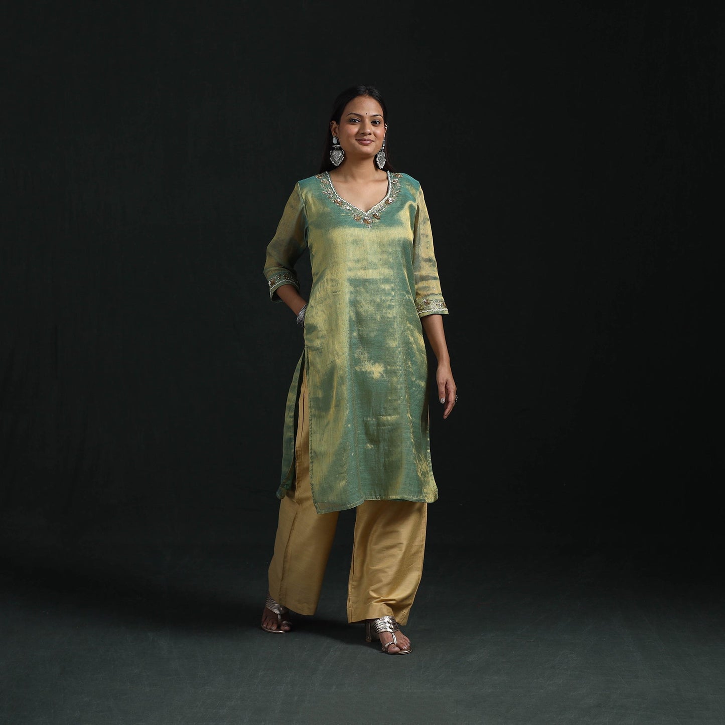 Hand embroidery fine tissue zari straight plain kurta