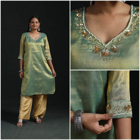 Hand embroidery fine tissue zari straight plain kurta