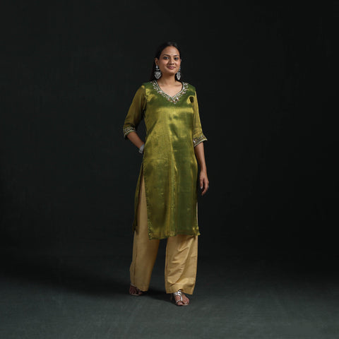 Hand embroidery fine tissue zari straight plain kurta