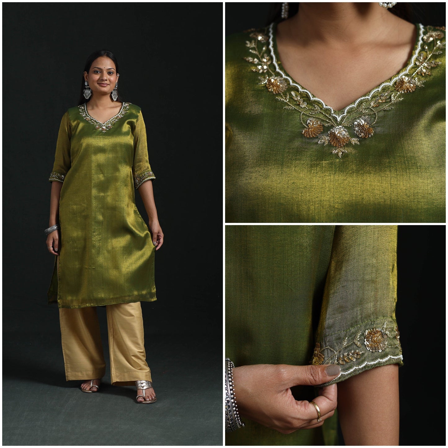 Hand embroidery fine tissue zari straight plain kurta