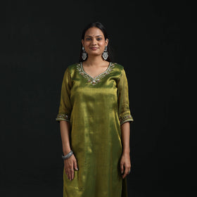 Hand embroidery fine tissue zari straight plain kurta