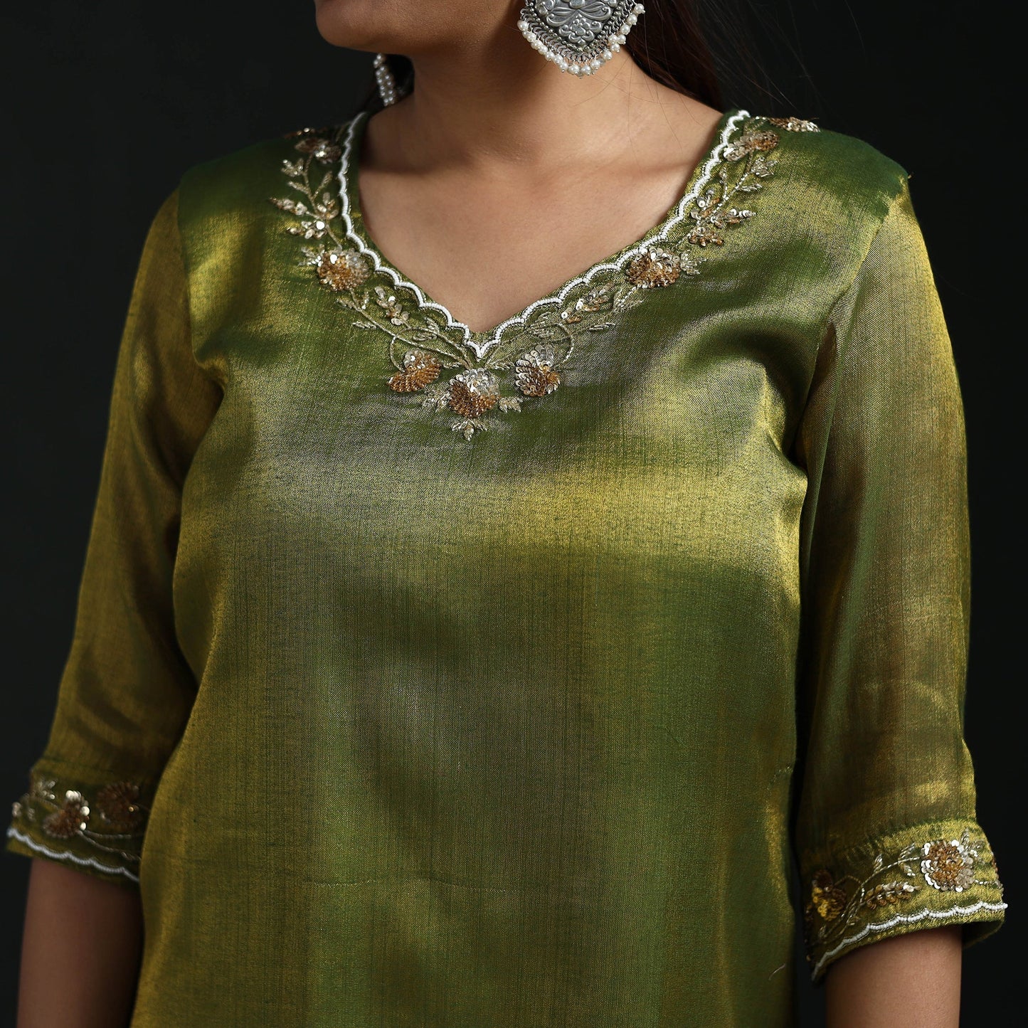 Hand embroidery fine tissue zari straight plain kurta