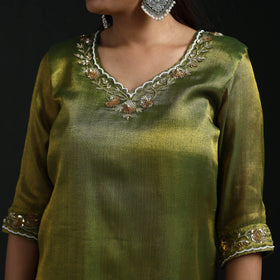 Hand embroidery fine tissue zari straight plain kurta