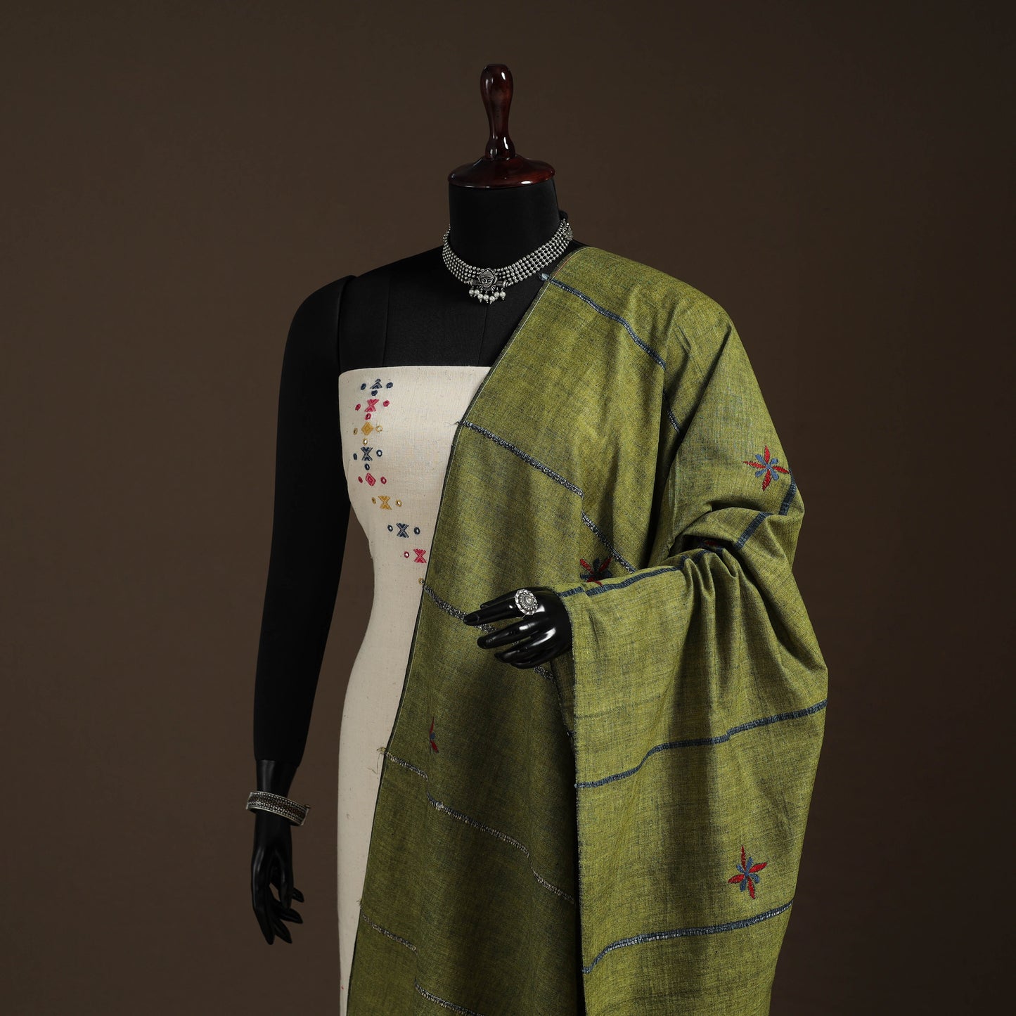 Green Hand Embroidery Khes Handwoven Cotton Kantha Dupatta