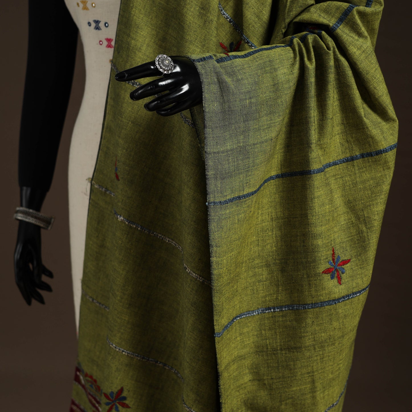 Green Hand Embroidery Khes Handwoven Cotton Kantha Dupatta