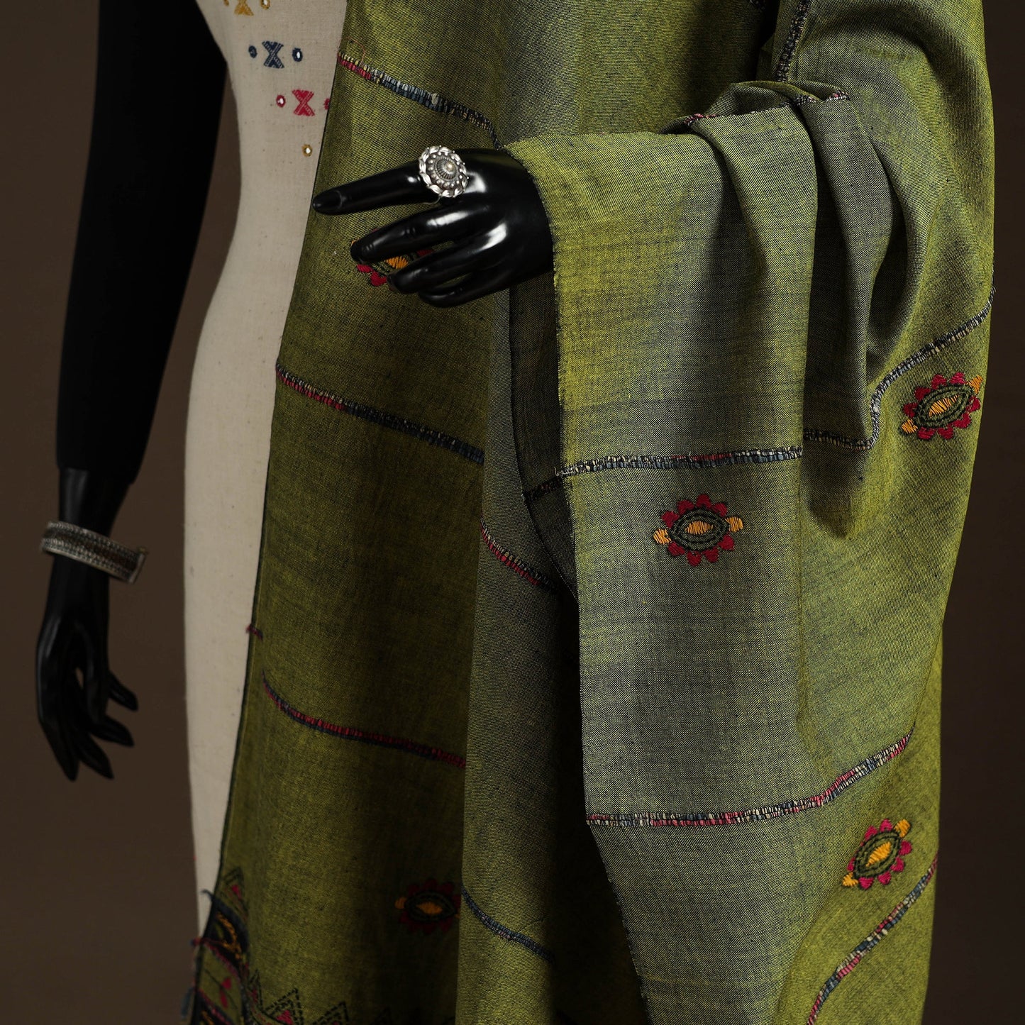 Green Hand Embroidery Khes Handwoven Cotton Kantha Dupatta