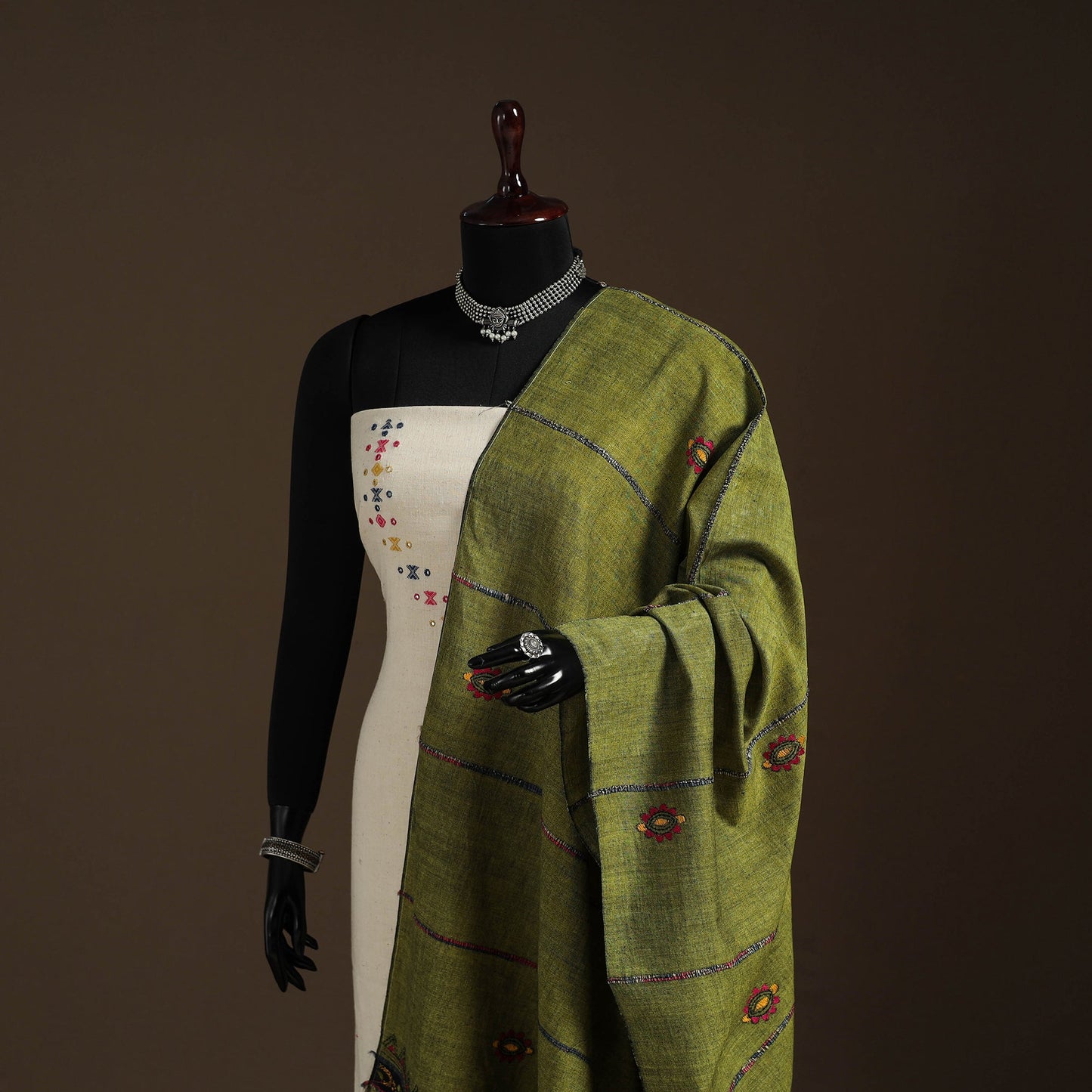 Green Hand Embroidery Khes Handwoven Cotton Kantha Dupatta