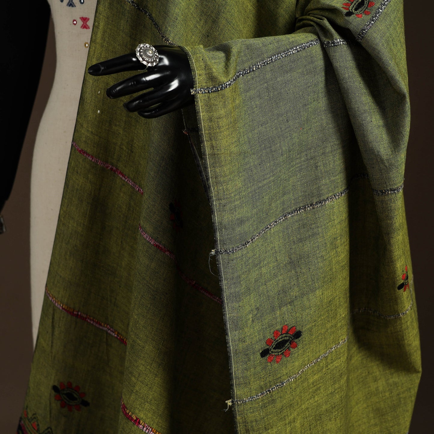Green Hand Embroidery Khes Handwoven Cotton Kantha Dupatta