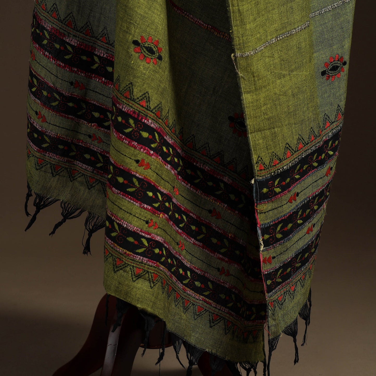 Green Hand Embroidery Khes Handwoven Cotton Kantha Dupatta