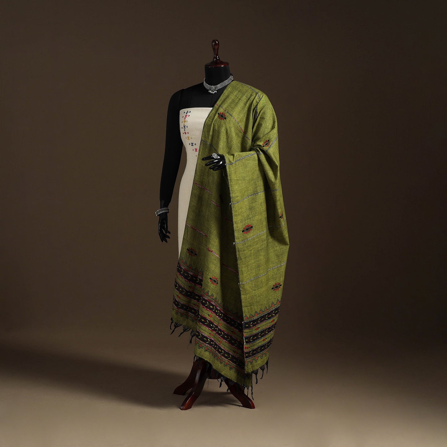 Green Hand Embroidery Khes Handwoven Cotton Kantha Dupatta