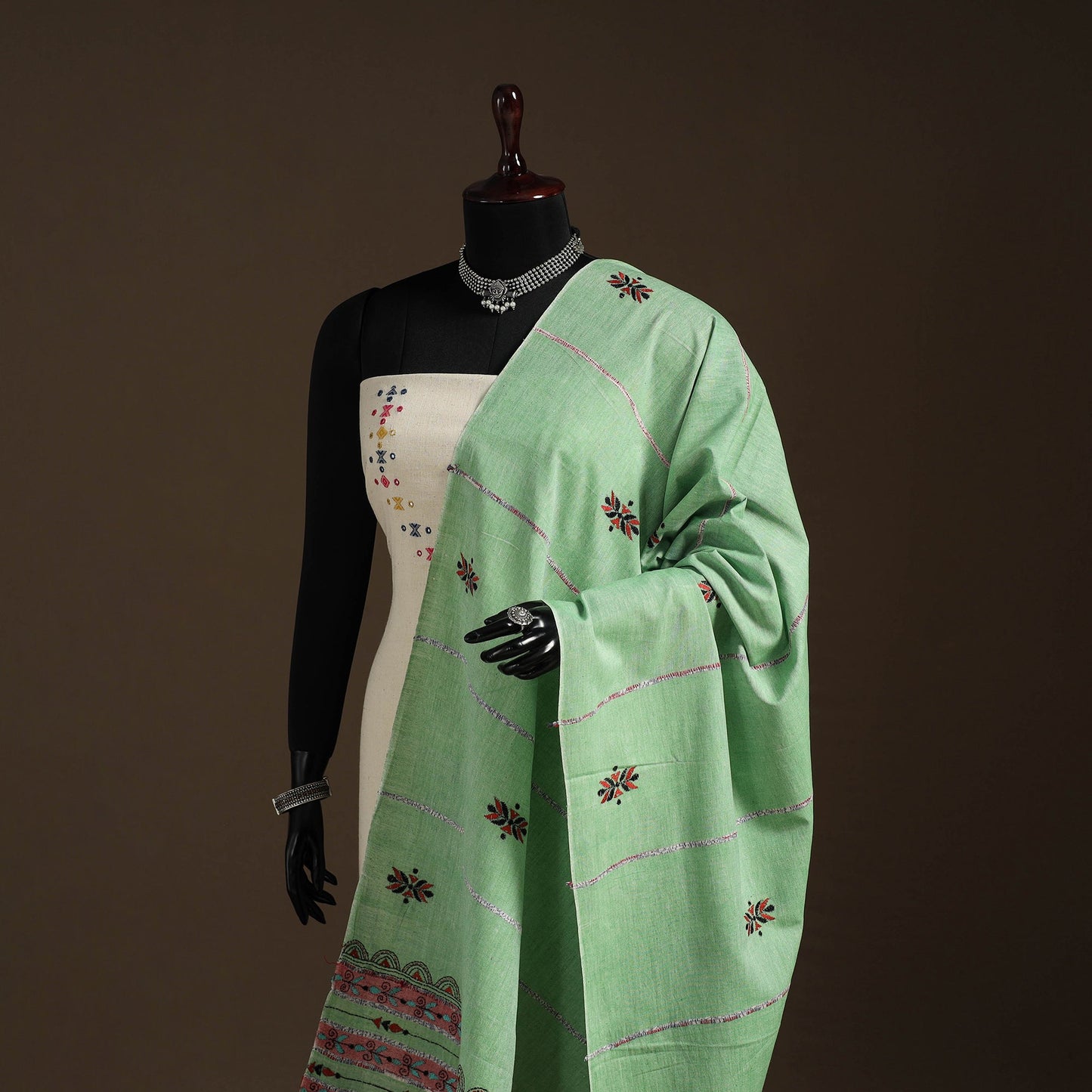 Green - hand embroidery khes handwoven cotton kantha