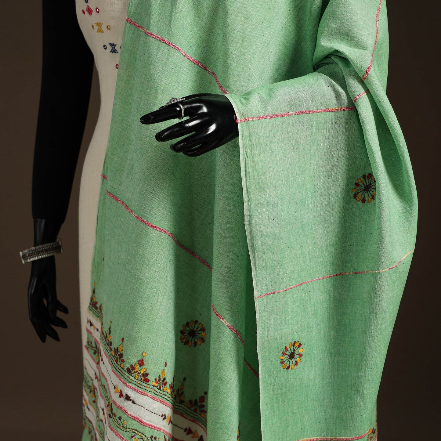 Green - hand embroidery khes handwoven cotton kantha