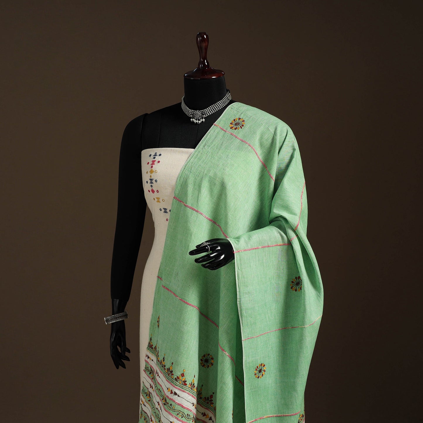 Green - hand embroidery khes handwoven cotton kantha