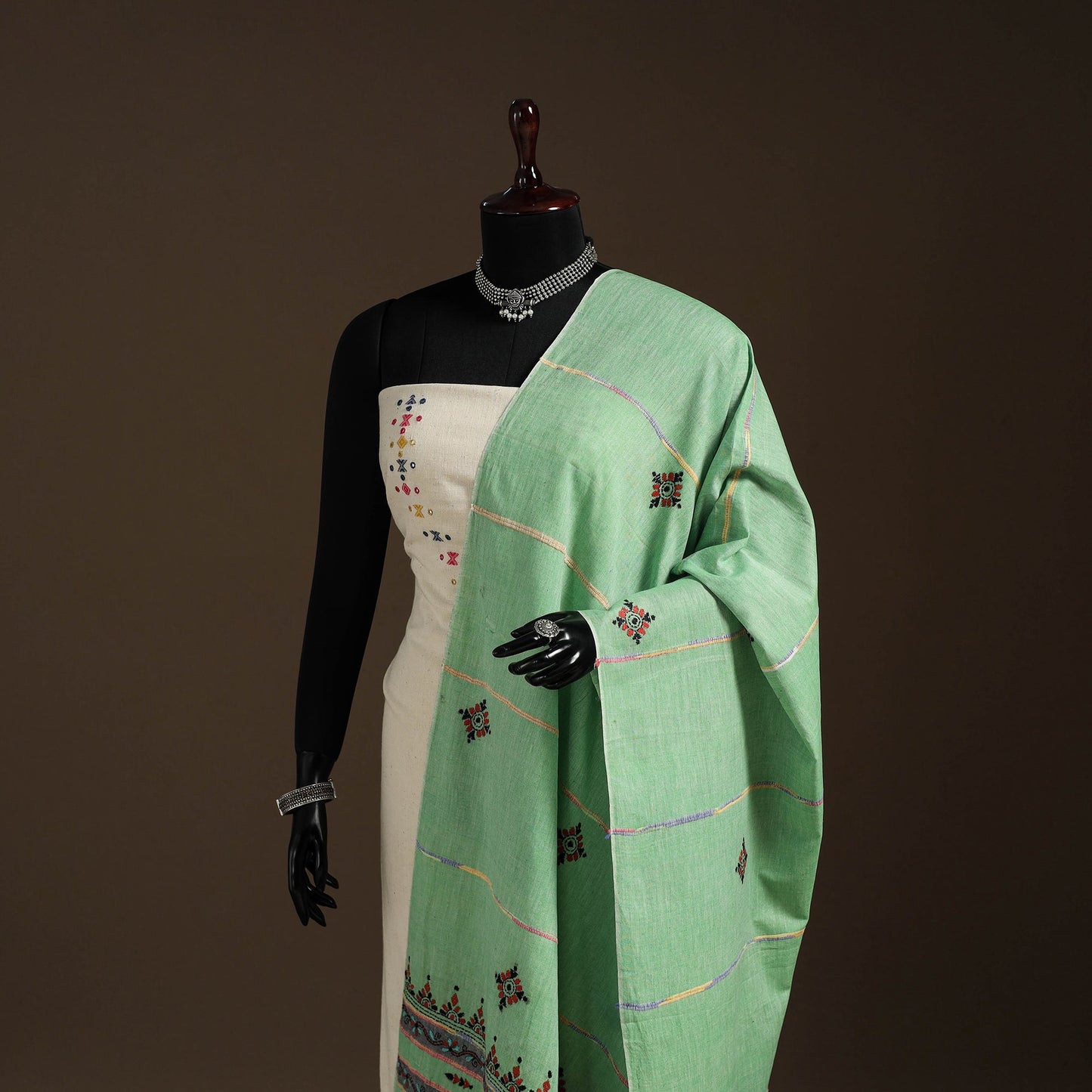 Green Hand Embroidery Khes Handwoven Cotton Kantha Dupatta