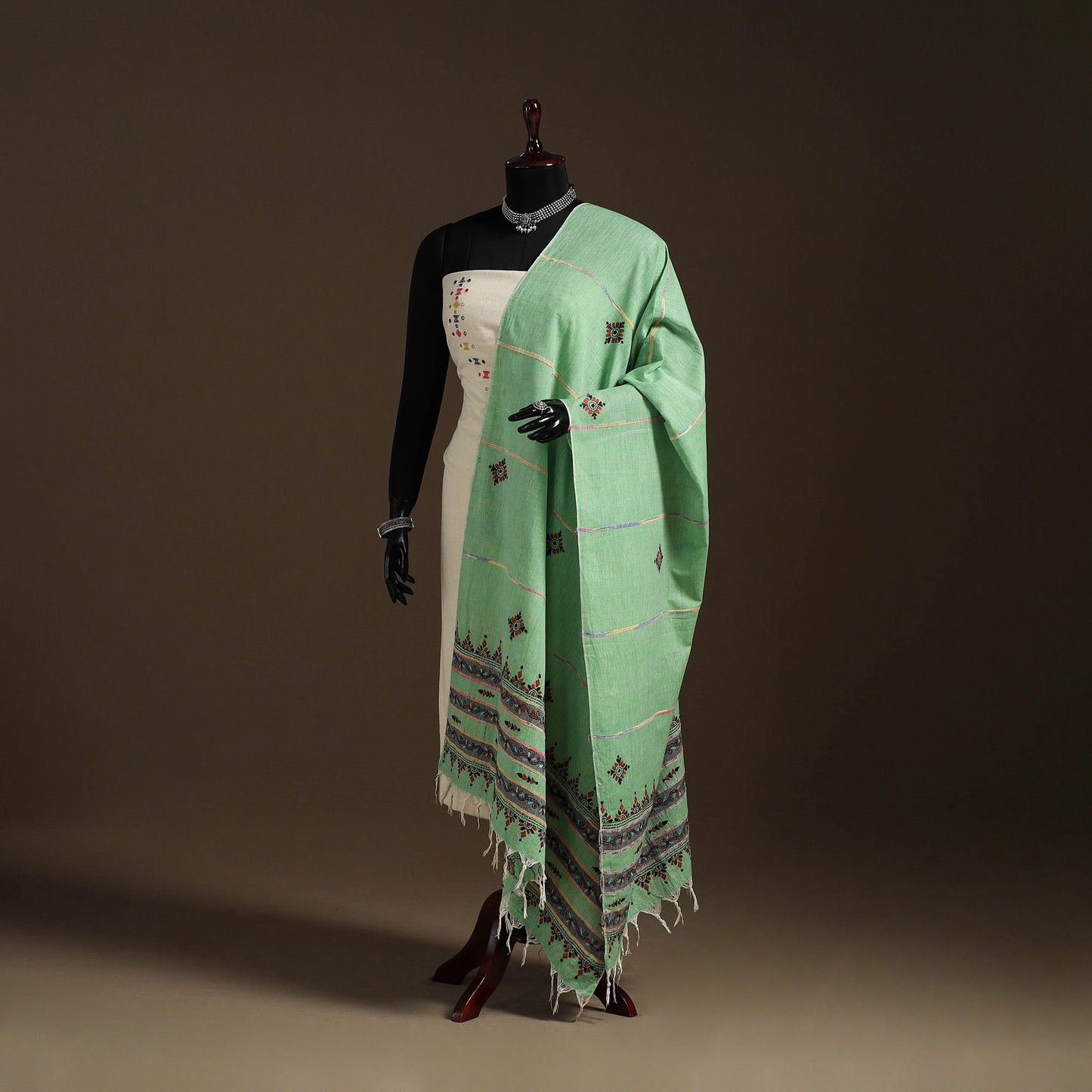 Green Hand Embroidery Khes Handwoven Cotton Kantha Dupatta