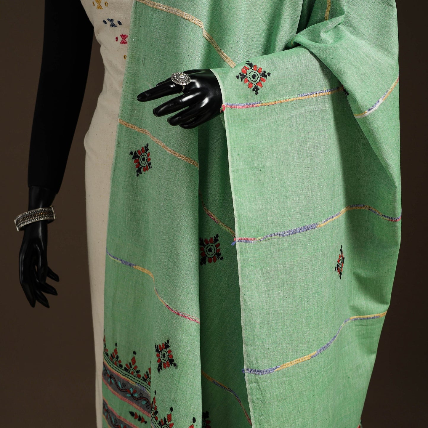 Green Hand Embroidery Khes Handwoven Cotton Kantha Dupatta