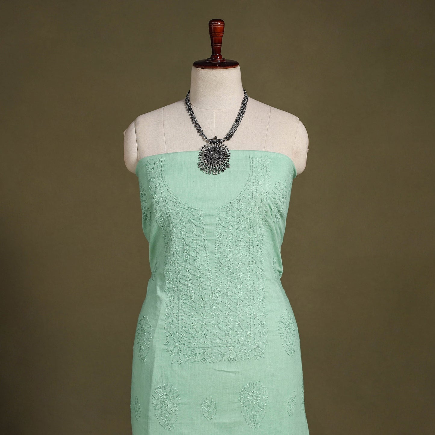 Green Hand Embroidery Mul Cotton Chikankari Kurta Material