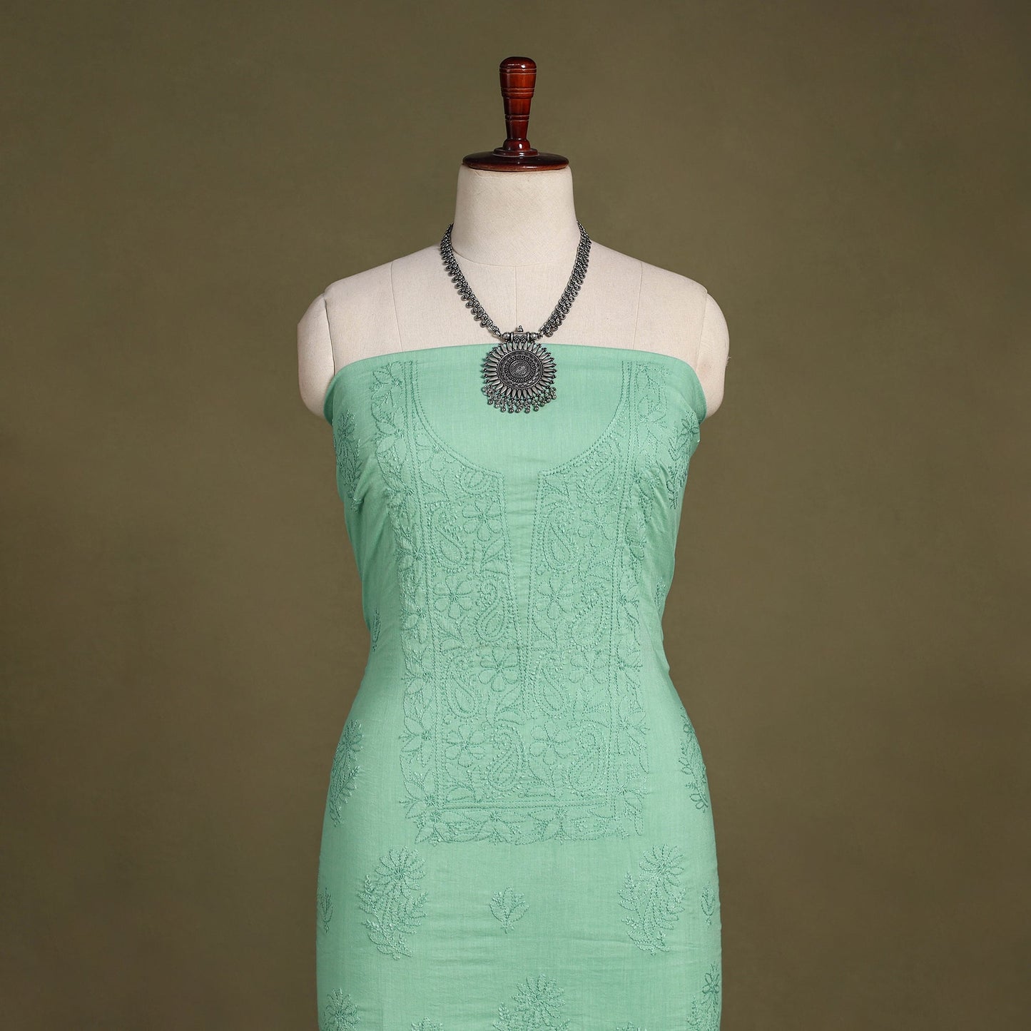 Green Hand Embroidery Mul Cotton Chikankari Kurta Material