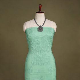 Green Hand Embroidery Mul Cotton Chikankari Kurta Material