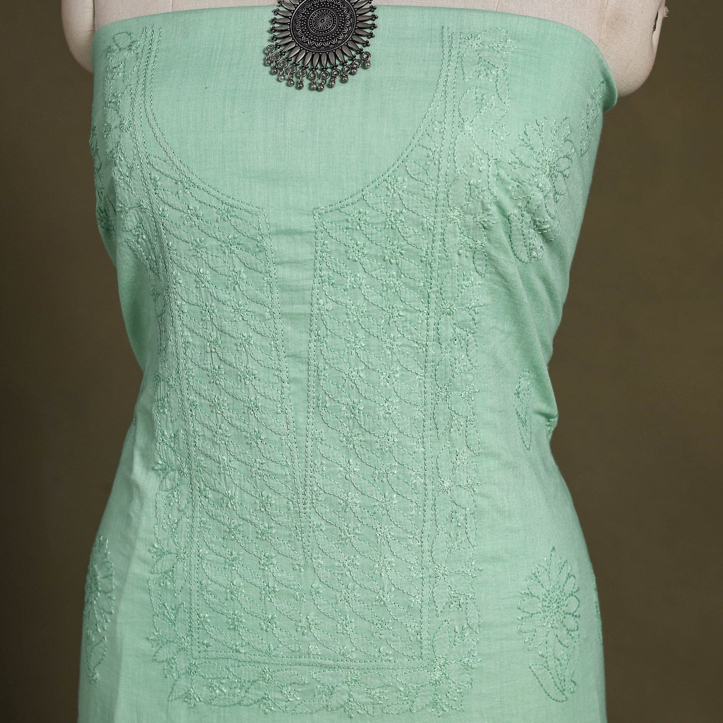 Green Hand Embroidery Mul Cotton Chikankari Kurta Material